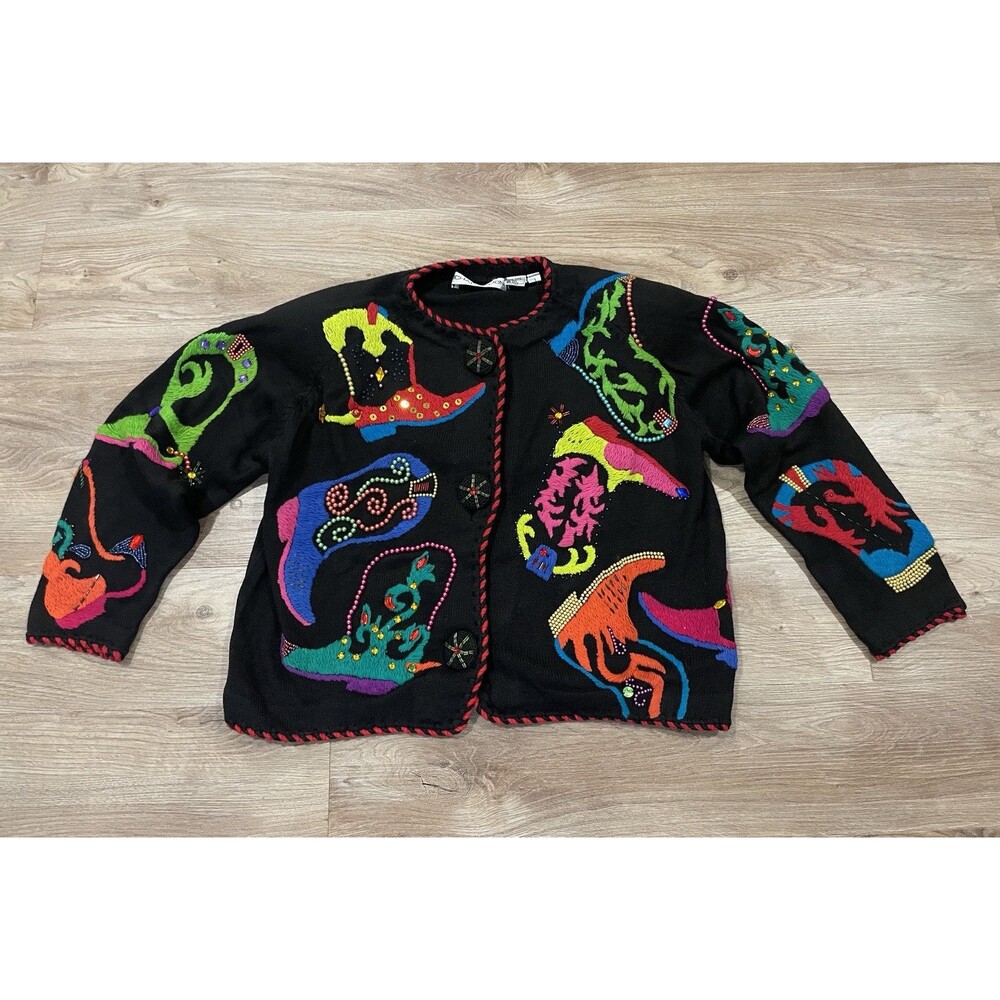 Michael Simon Western Cowboy Boots Ugly Sweater Neon Pop Art Sz 1 Sm/Med Vintage